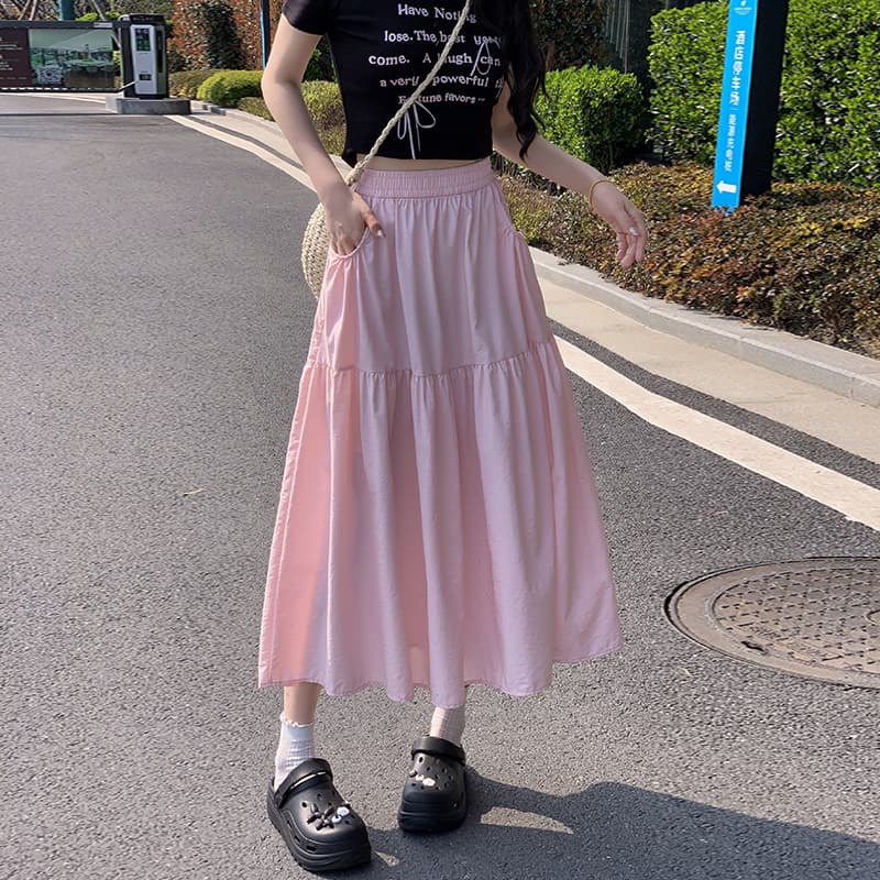 涼感フレアスカート ティアードデザイン ミドル丈