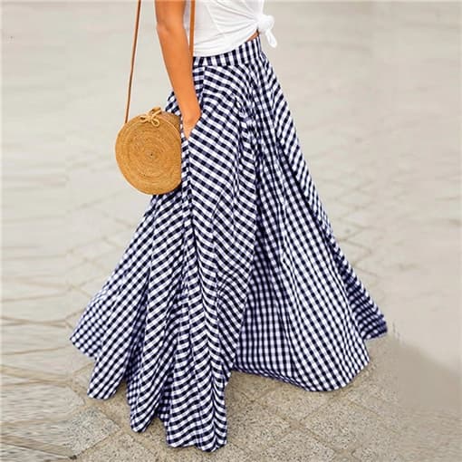 フレアスカート ギンガムチェック柄ロング丈フレア女性用裾広がり春夏着