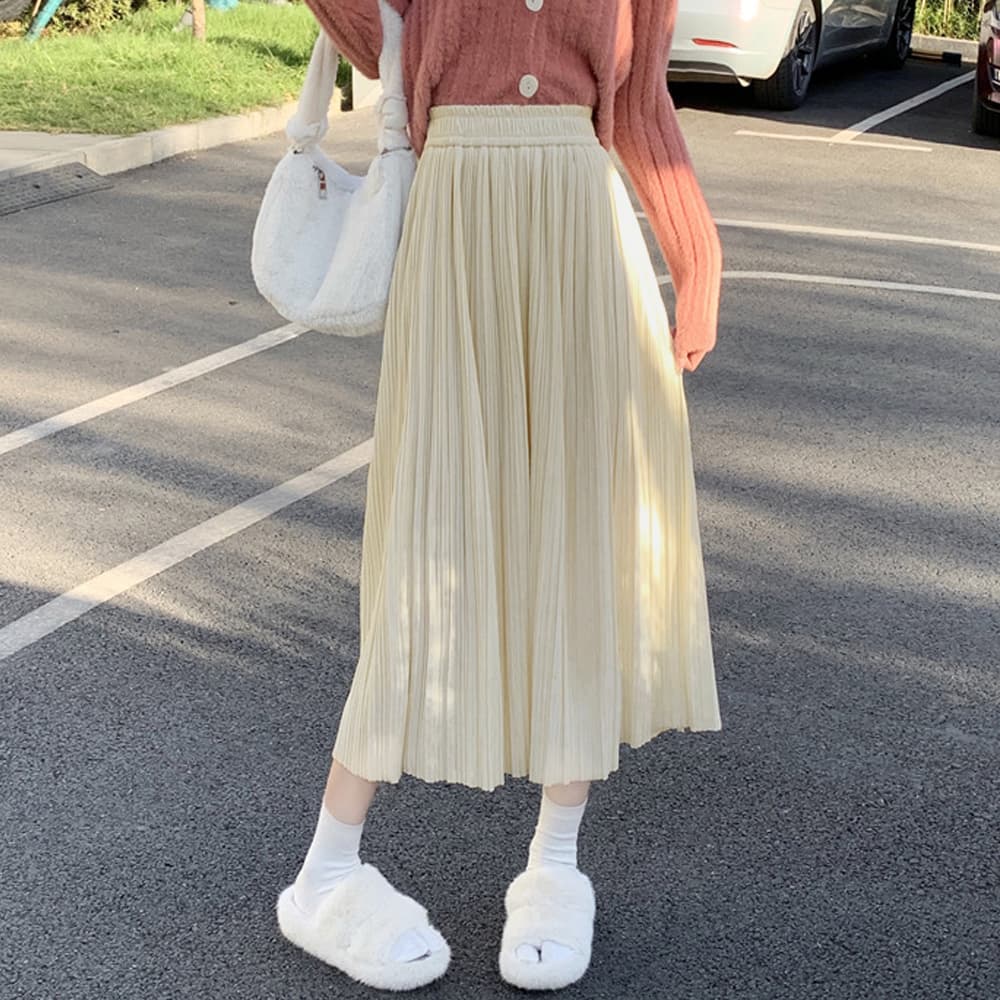 フレアスカート プリーツスカート ひざ・ミドル丈 ハイウエスト 着やせ効果