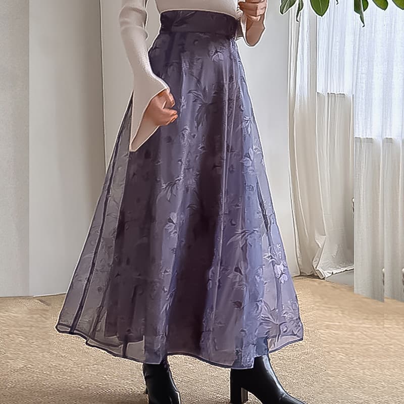 フレアスカート 花柄刺繍オーガンジー重ね着風フレアスカート