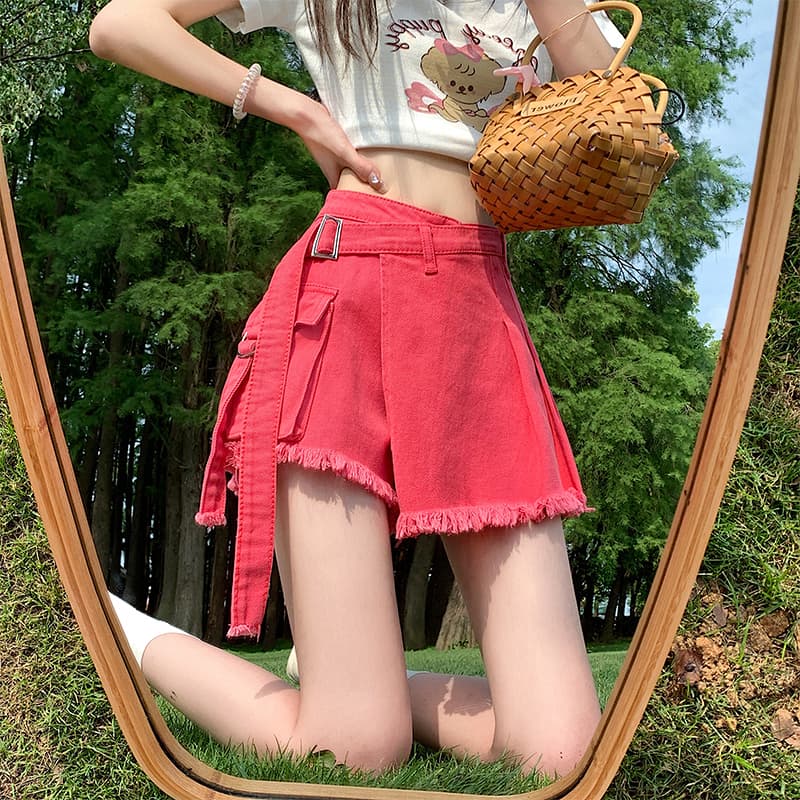 フレアスカート 裾フリンジ付きベルトデザインプリーツフレアスカート