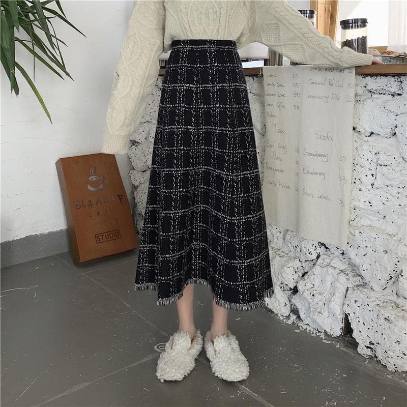 フレアスカート 格子柄ツイード調フリンジ付きフレアスカート