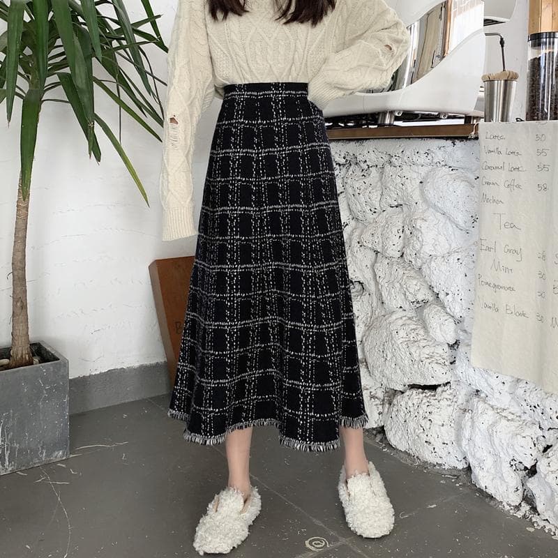 フレアスカート 格子柄ツイード調フリンジ付きフレアスカート